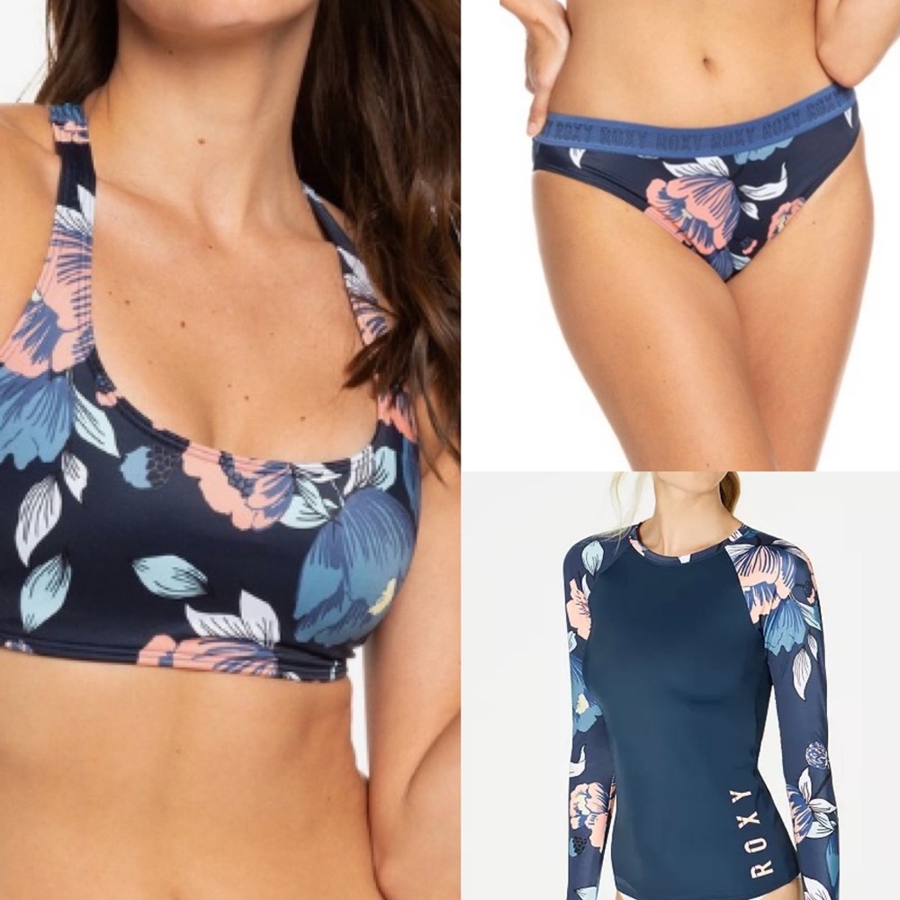 3 piece Roxy Fitness floral bikini swimsuit with matching rash guard medium